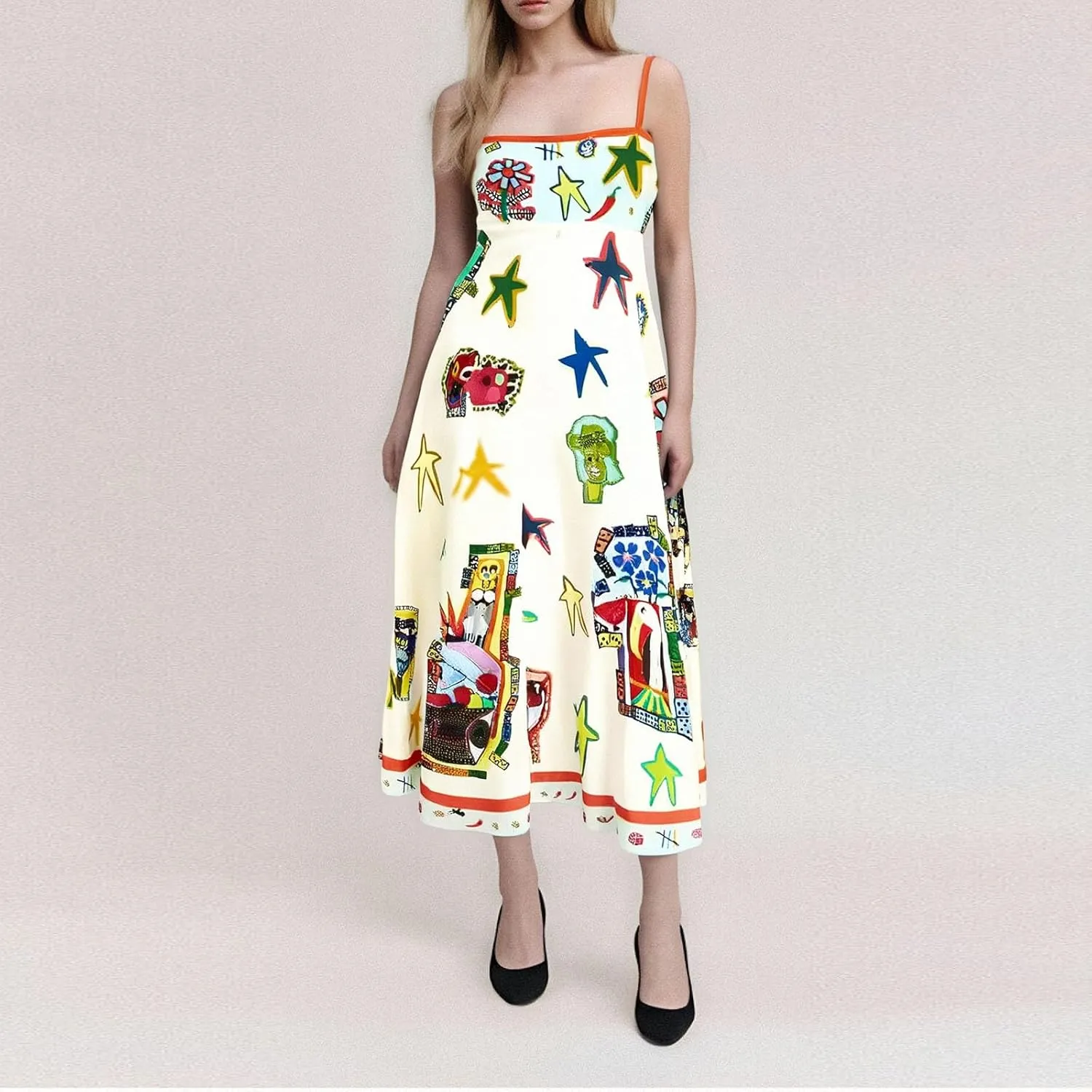 Women Graffiti Spaghetti Strap Sleeveless Dresses Casual Elegant Printed Halters Long Dress Flowing Boho Sundress