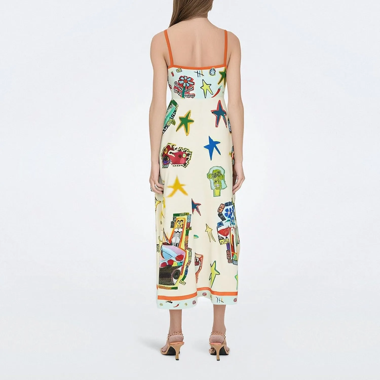 Women Graffiti Spaghetti Strap Sleeveless Dresses Casual Elegant Printed Halters Long Dress Flowing Boho Sundress