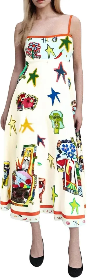 Women Graffiti Spaghetti Strap Sleeveless Dresses Casual Elegant Printed Halters Long Dress Flowing Boho Sundress