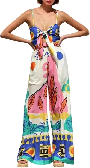 Women Graffiti Spaghetti Strap Sleeveless Dresses Casual Elegant Printed Halters Long Dress Flowing Boho Sundress