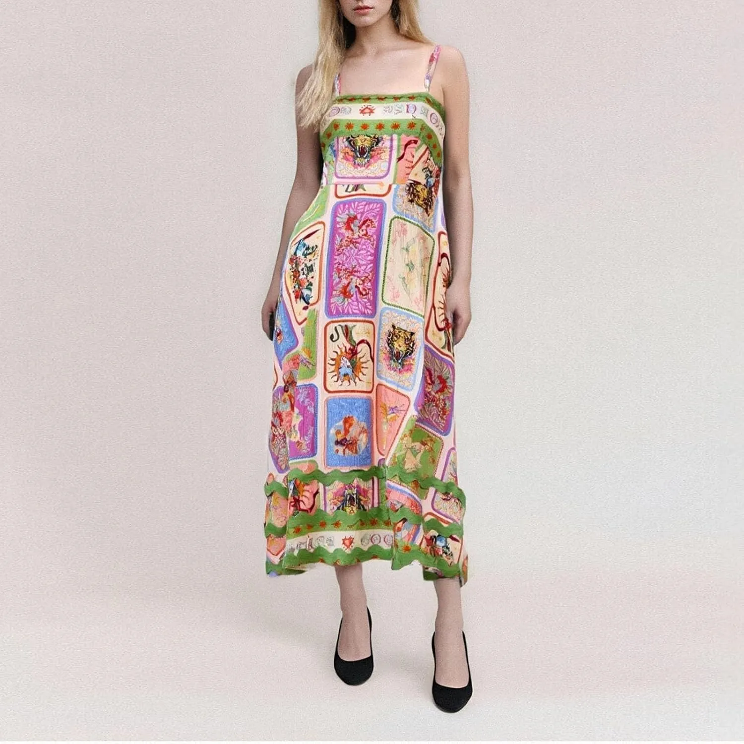 Women Graffiti Spaghetti Strap Sleeveless Dresses Casual Elegant Printed Halters Long Dress Flowing Boho Sundress