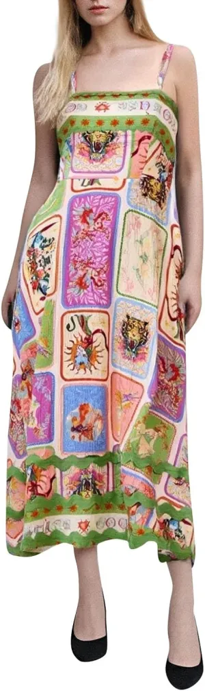 Women Graffiti Spaghetti Strap Sleeveless Dresses Casual Elegant Printed Halters Long Dress Flowing Boho Sundress