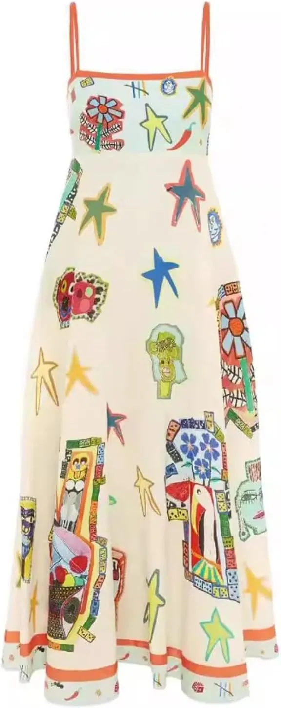 Women Graffiti Spaghetti Strap Sleeveless Dresses Casual Elegant Printed Halters Long Dress Flowing Boho Sundress