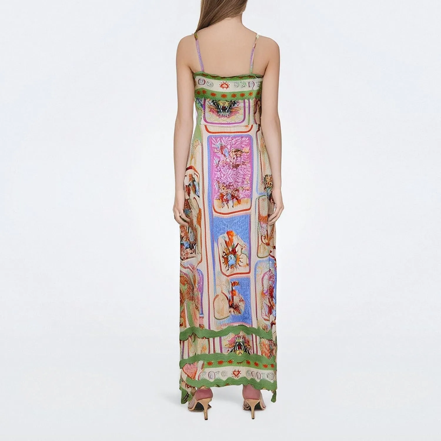 Women Graffiti Spaghetti Strap Sleeveless Dresses Casual Elegant Printed Halters Long Dress Flowing Boho Sundress