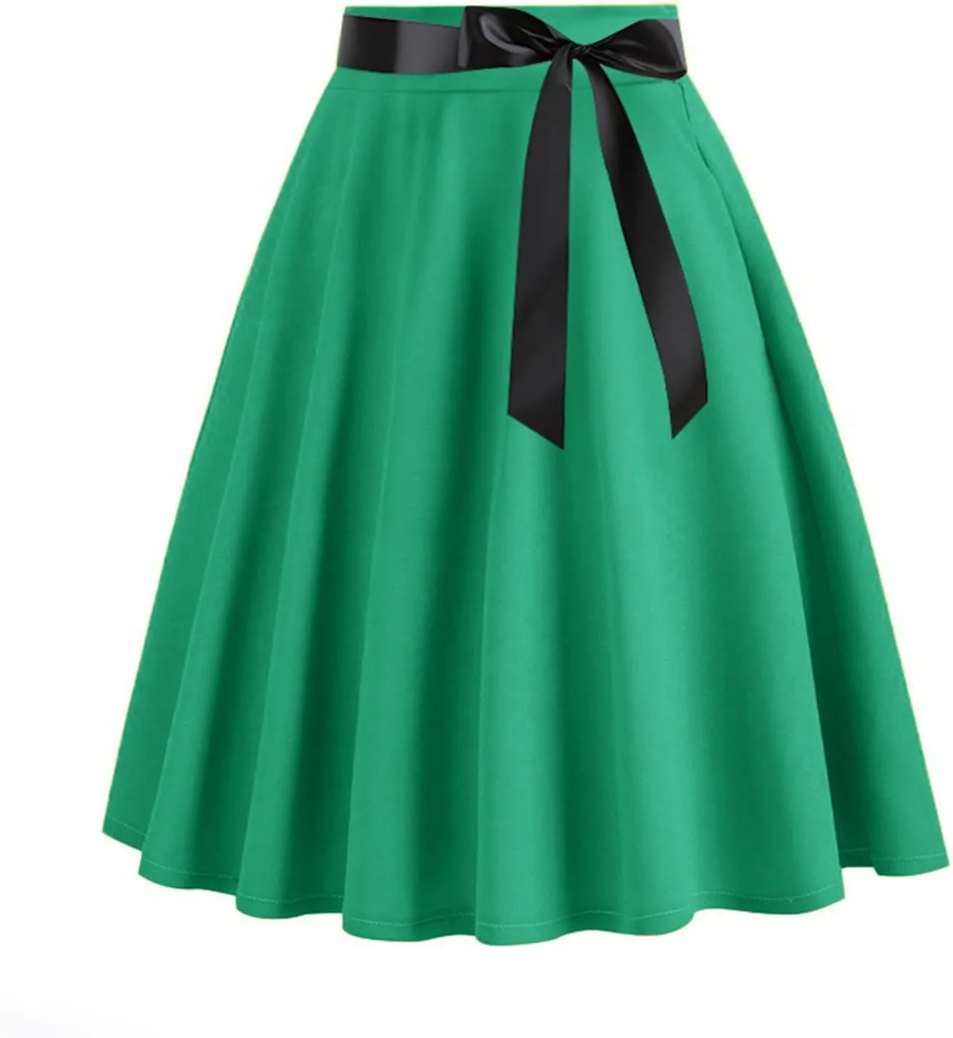 Women Knee Length 50s Retro Skirts Vintage Hepburn Rockabilly Skirts High Waist Flared A-Line Swing Skirt with Belt