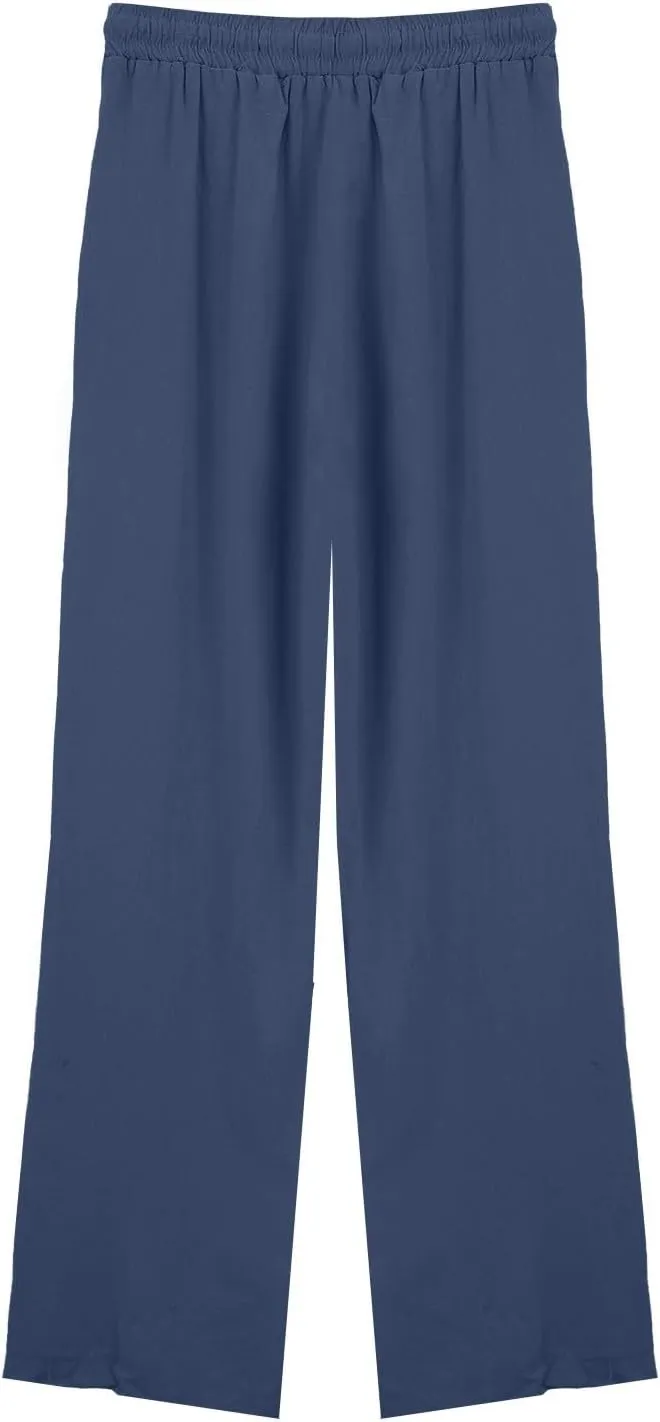 Women Linen Palazzo Pants Summer Flowy Beach Lounge Casual Trousers with Pockets Business Work Casual Pants