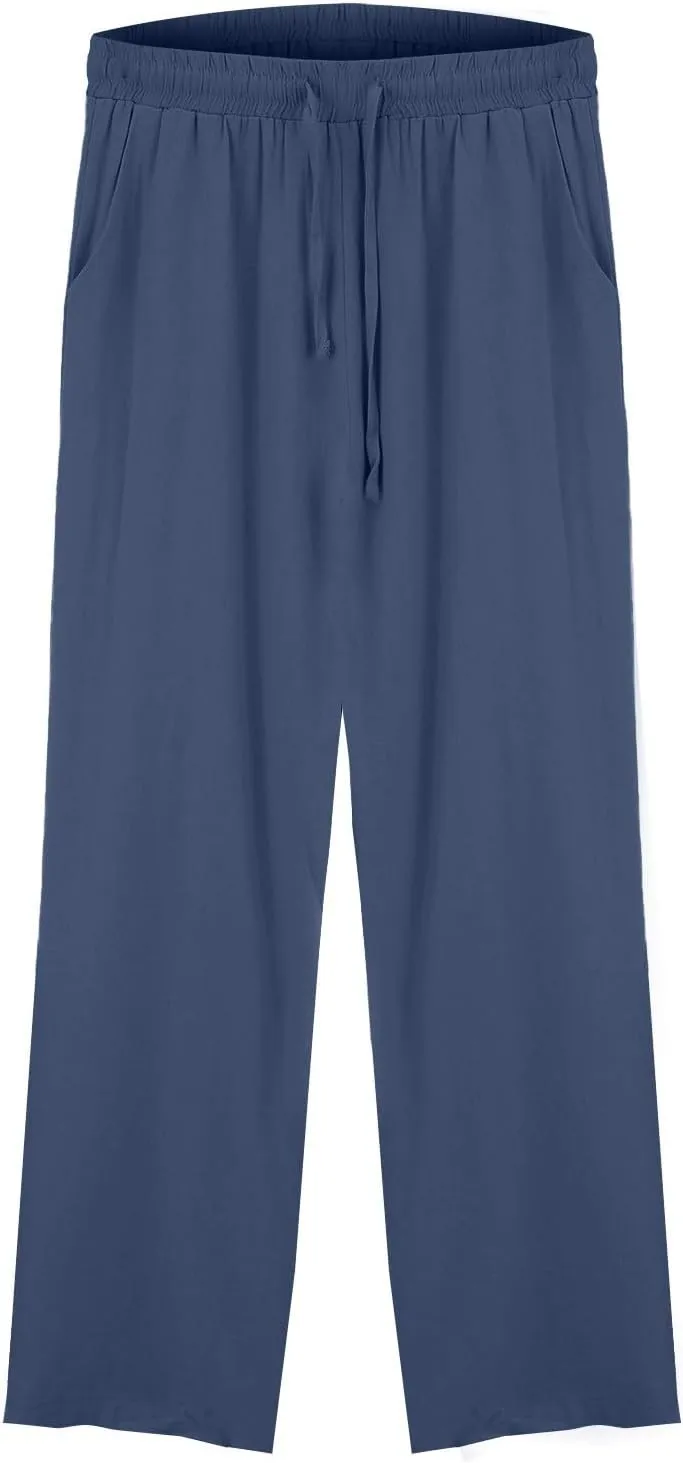 Women Linen Palazzo Pants Summer Flowy Beach Lounge Casual Trousers with Pockets Business Work Casual Pants