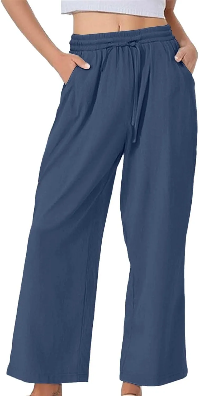 Women Linen Palazzo Pants Summer Flowy Beach Lounge Casual Trousers with Pockets Business Work Casual Pants