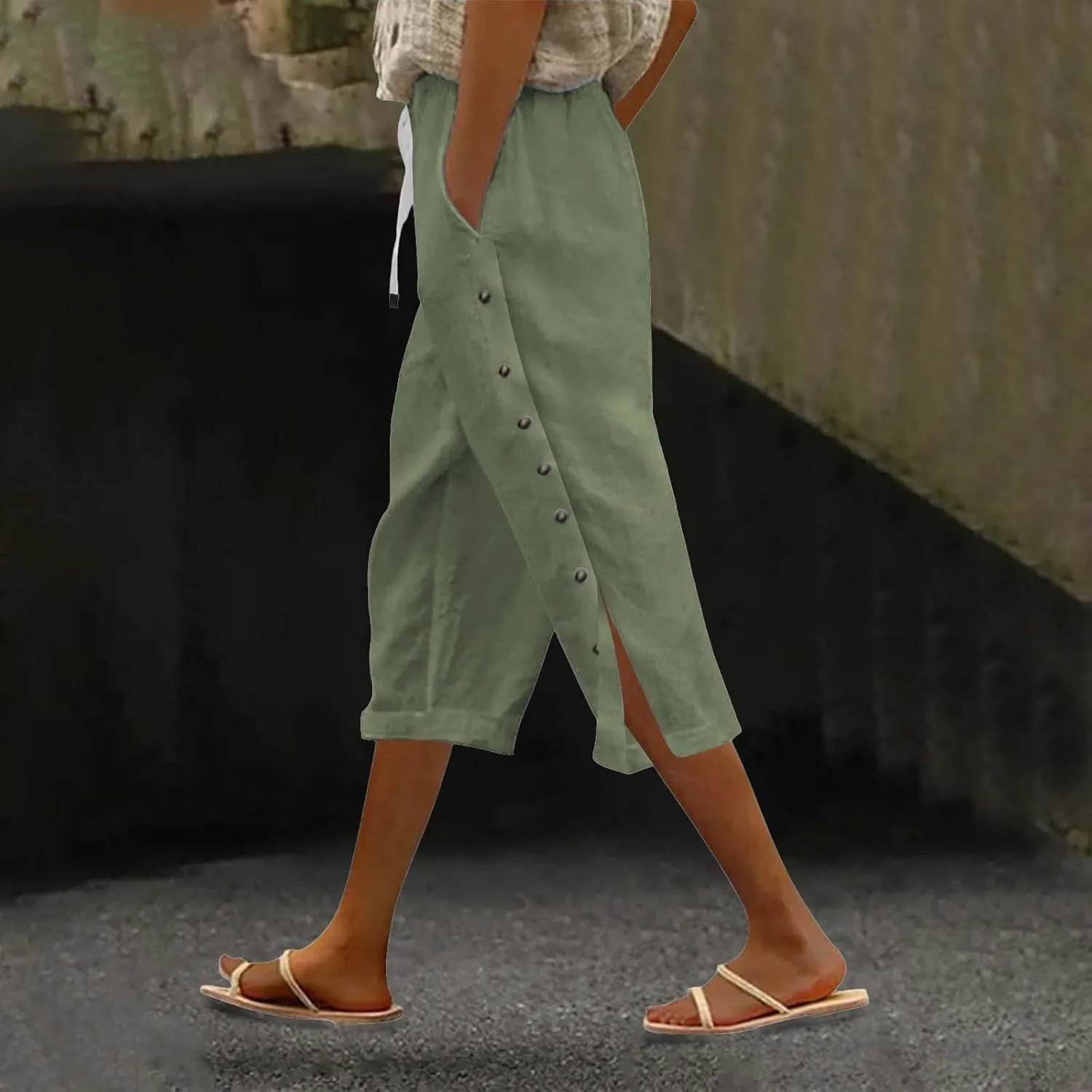 Women Linen Pants Petite Boho Flowly High Waist Wide Leg Pants Summer Casual Loose Palazzo Beach Trousers with Pockets