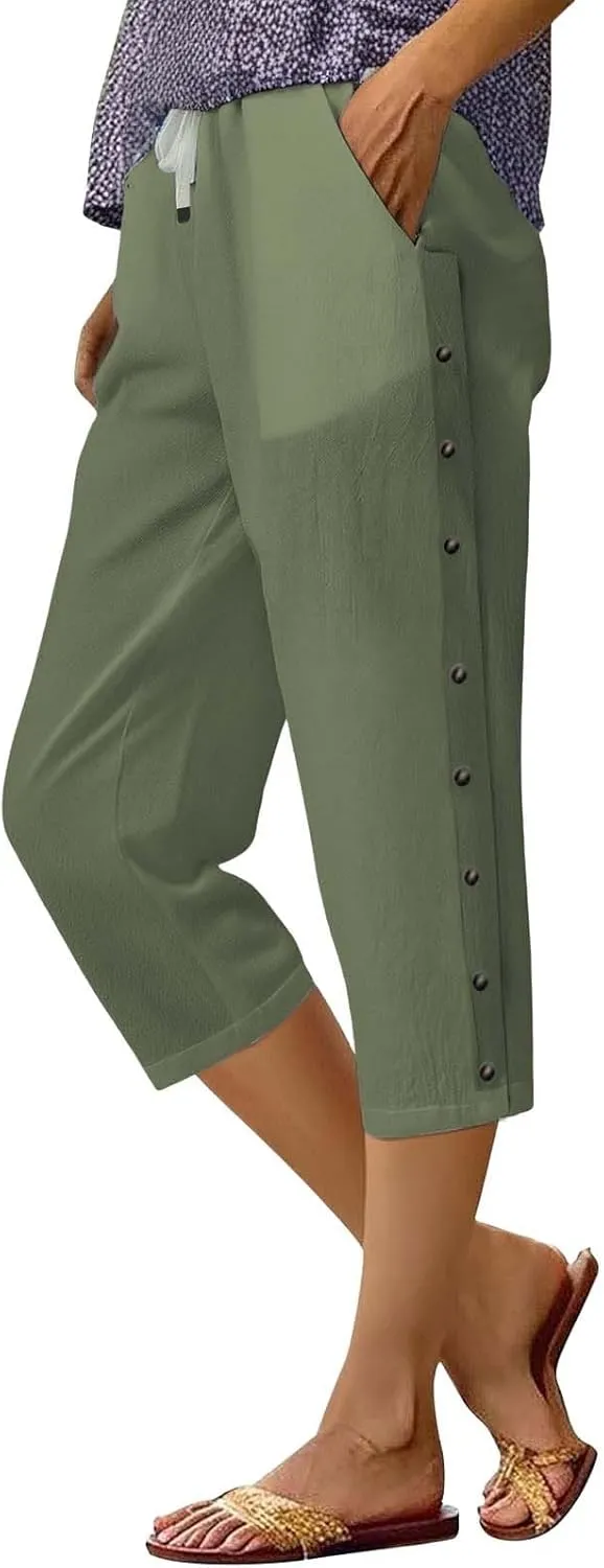 Women Linen Pants Petite Boho Flowly High Waist Wide Leg Pants Summer Casual Loose Palazzo Beach Trousers with Pockets