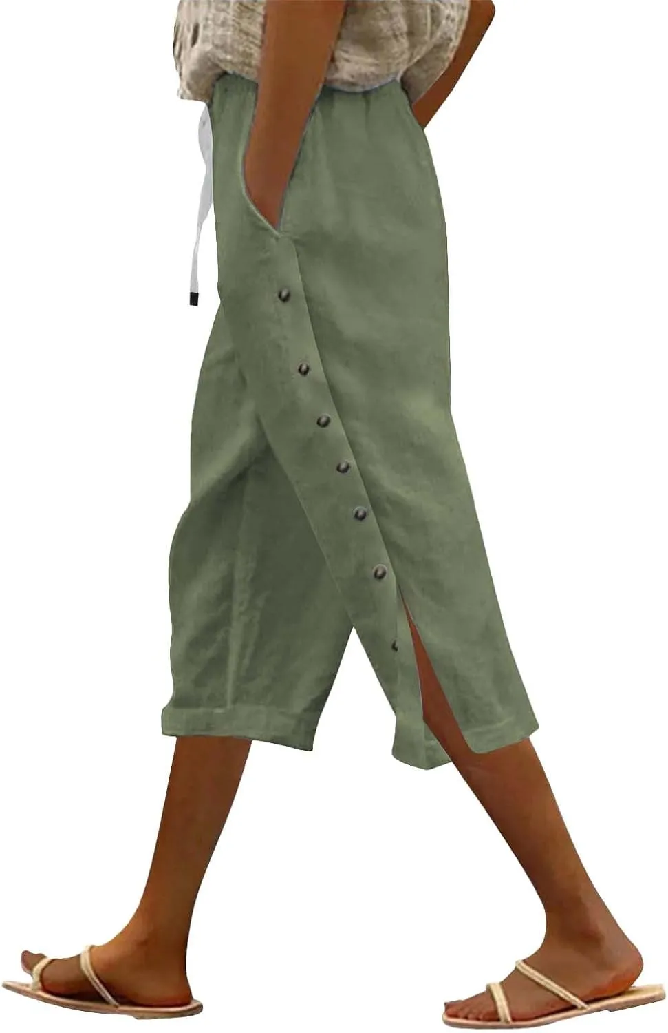 Women Linen Pants Petite Boho Flowly High Waist Wide Leg Pants Summer Casual Loose Palazzo Beach Trousers with Pockets