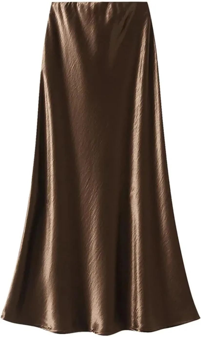 Women Pleated Flowing Satin Tight Midi Skirt Elegant Women Mermaid Skirt