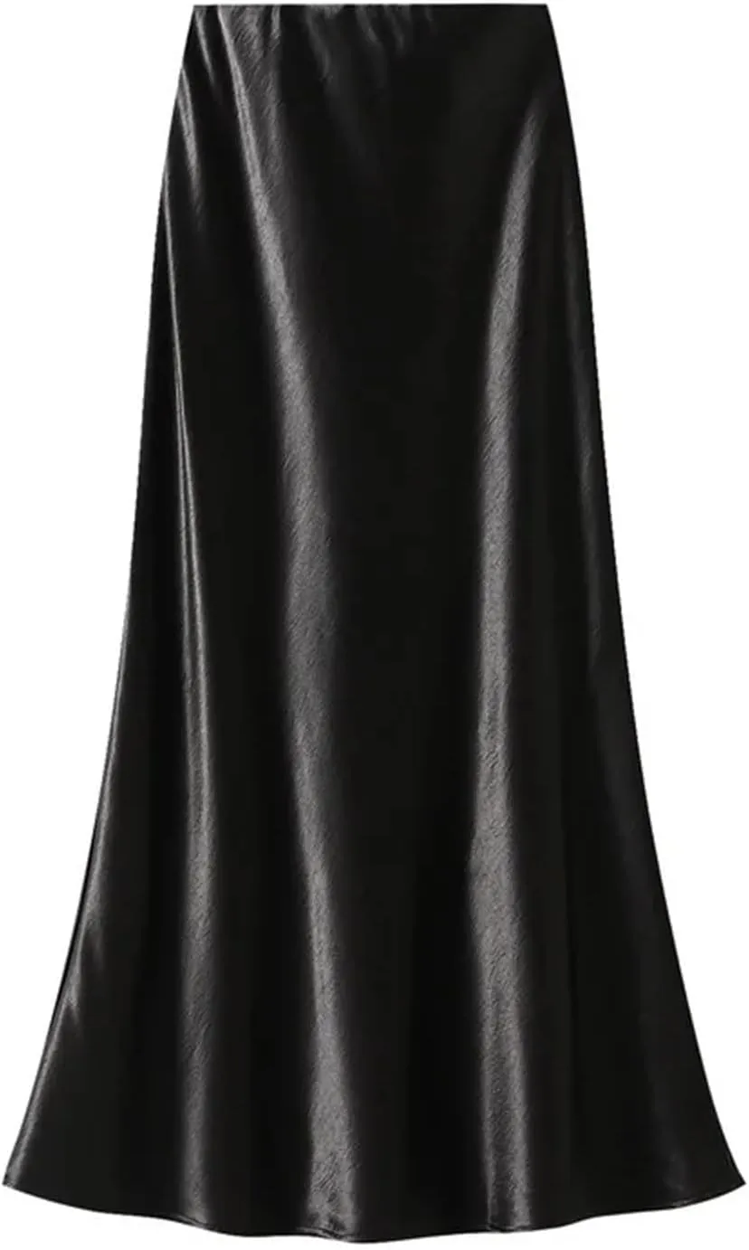 Women Pleated Flowing Satin Tight Midi Skirt Elegant Women Mermaid Skirt