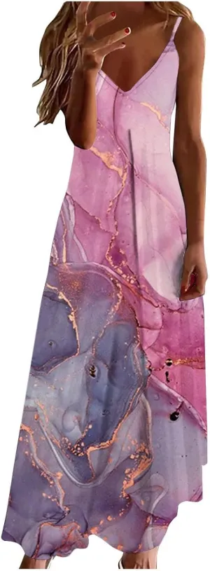 Women 's Summer Spaghetti Strap Elegant Long Dresses Plus Size Vacation Flowy Beach Dress Loose Floor Length Dress Elegant Dresses for Women Pink L