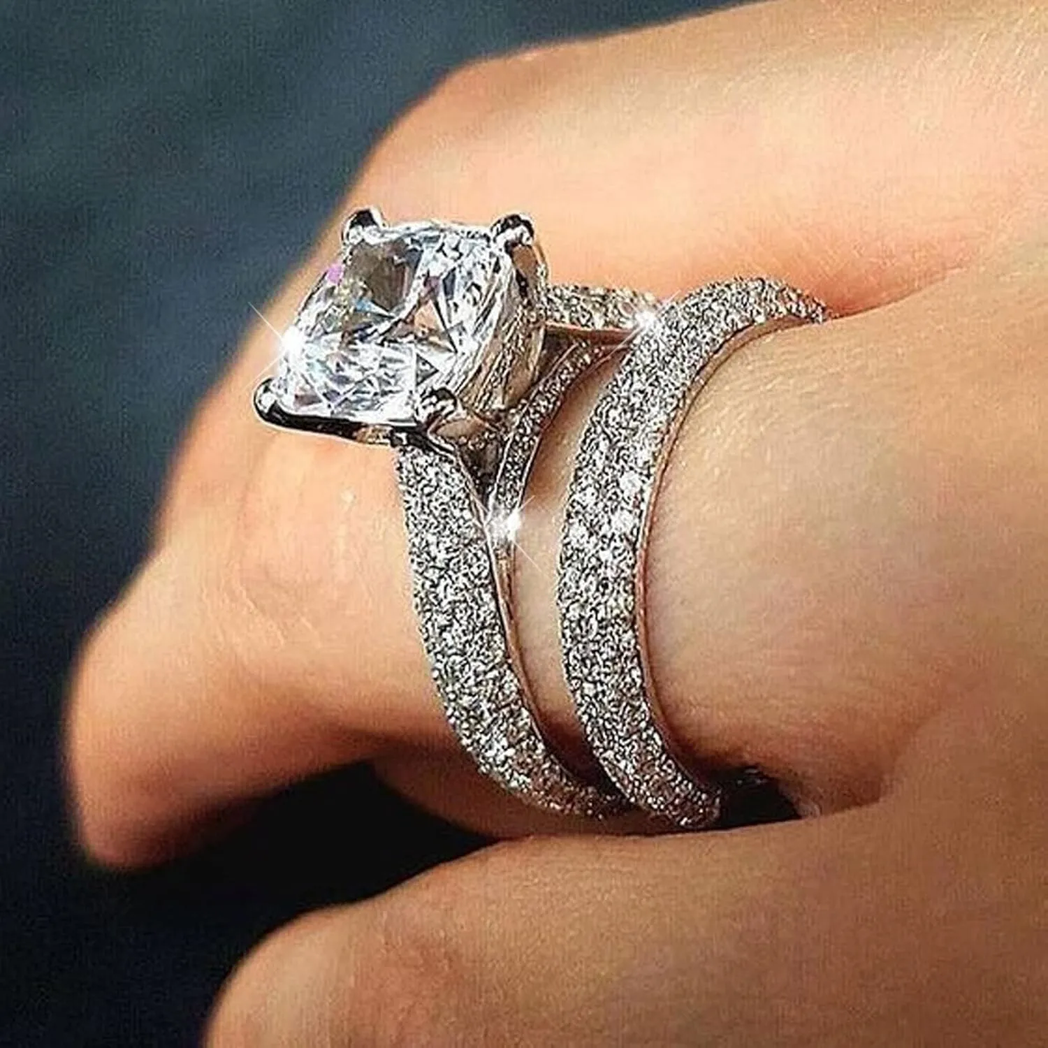 Women Stackable Boho- Men Promise 2Pcs Set Shiny Rhinestone Crystal Engagement Rings Double Zircon Wedding Rings for Couple Women Men Aesthetic Punk Y-2K Girl Mom Rings Gifts (Silver, 7)