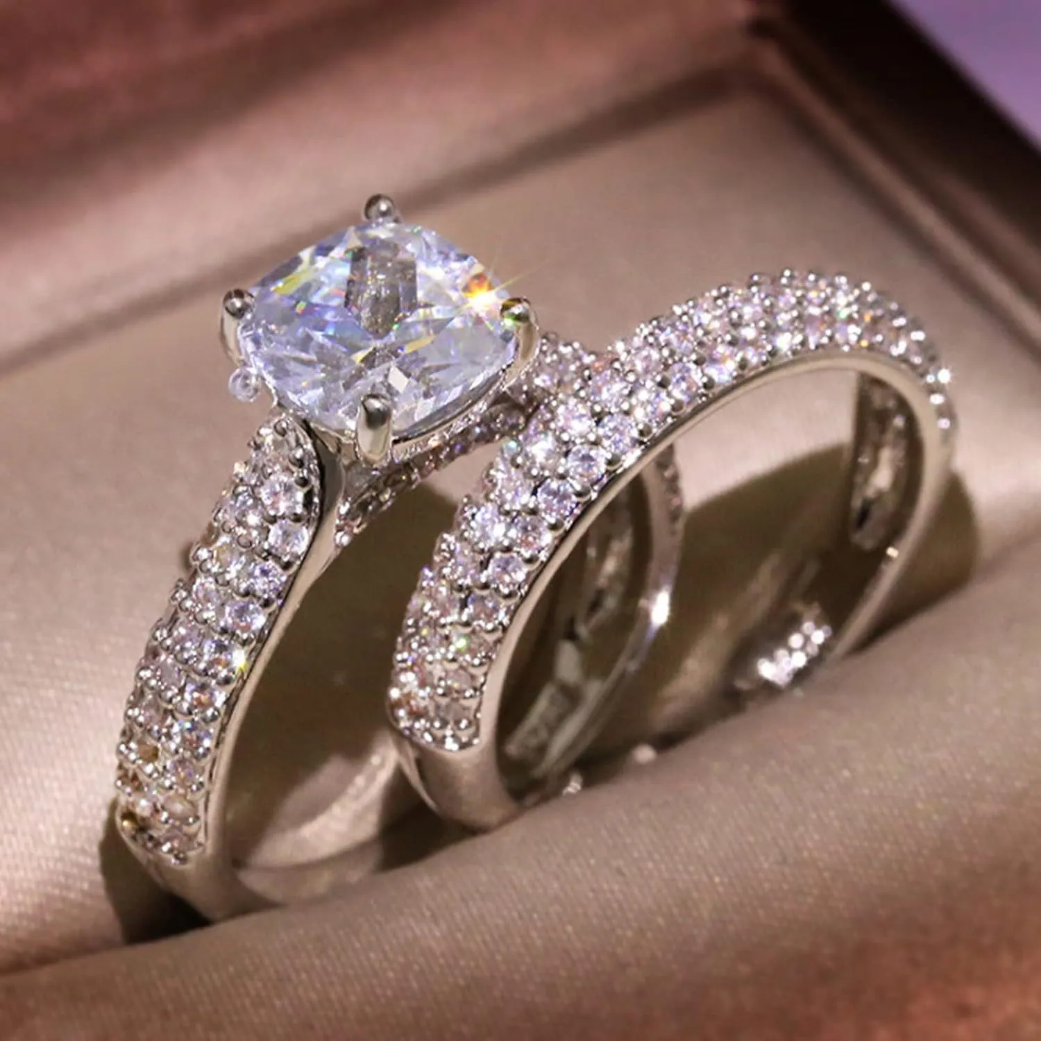 Women Stackable Boho- Men Promise 2Pcs Set Shiny Rhinestone Crystal Engagement Rings Double Zircon Wedding Rings for Couple Women Men Aesthetic Punk Y-2K Girl Mom Rings Gifts (Silver, 7)