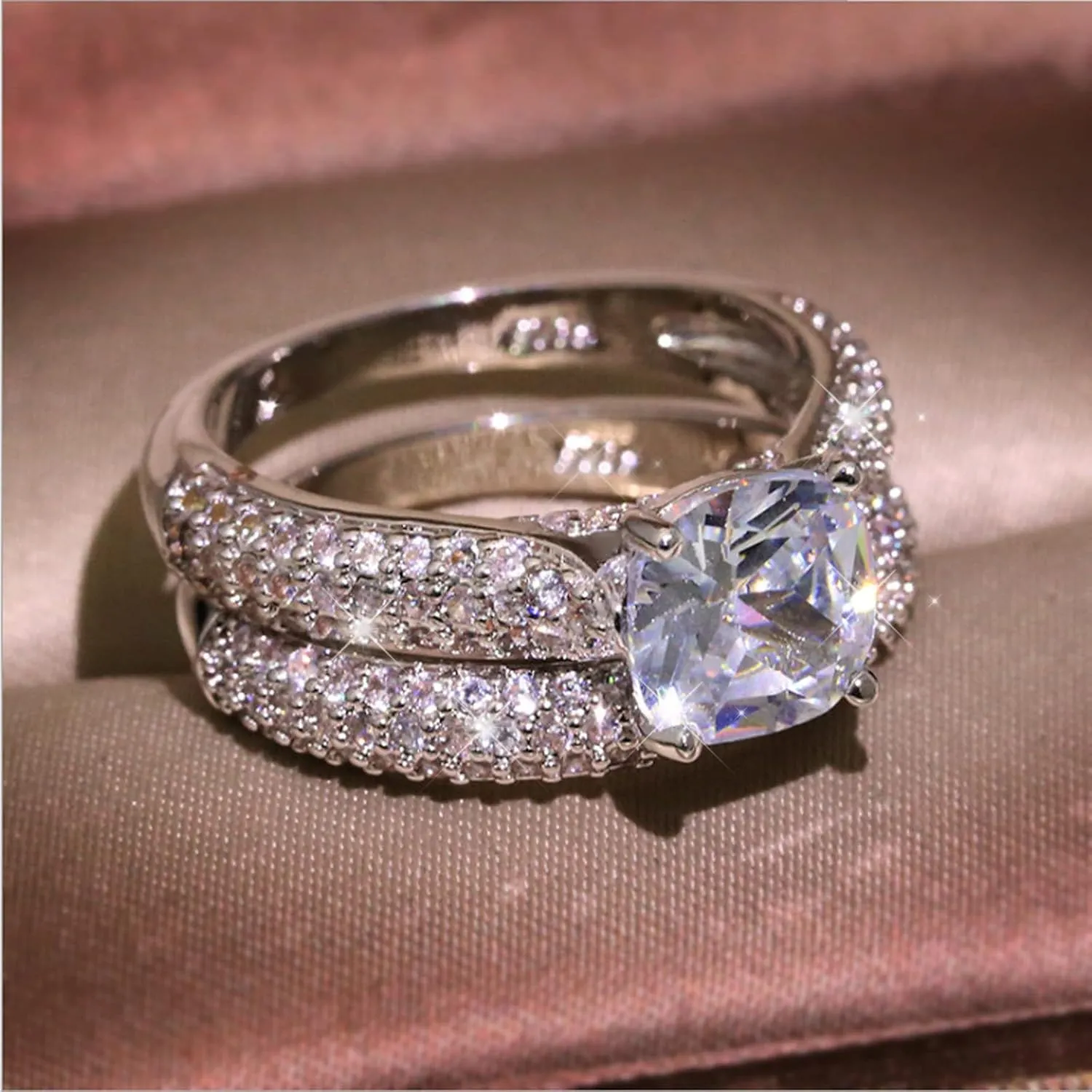 Women Stackable Boho- Men Promise 2Pcs Set Shiny Rhinestone Crystal Engagement Rings Double Zircon Wedding Rings for Couple Women Men Aesthetic Punk Y-2K Girl Mom Rings Gifts (Silver, 7)