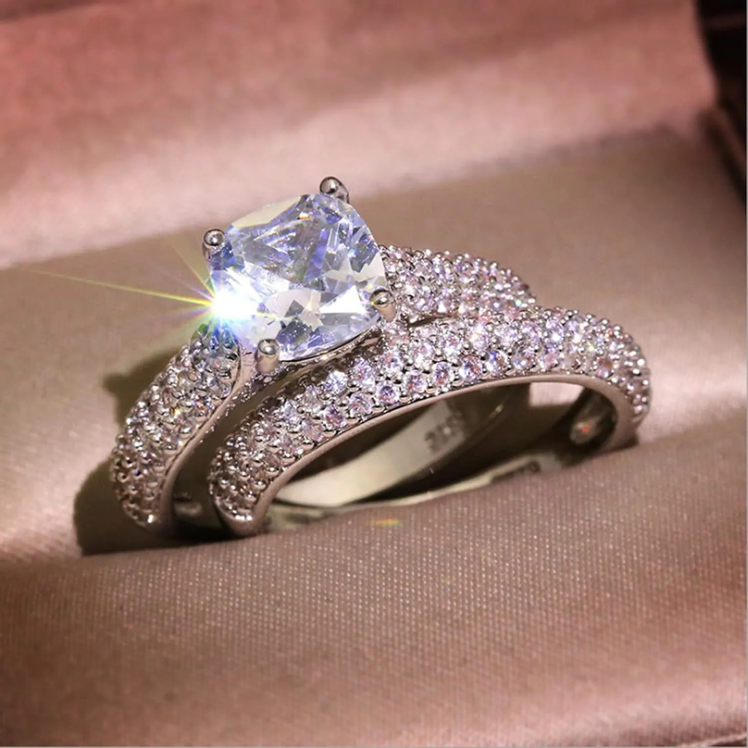 Women Stackable Boho- Men Promise 2Pcs Set Shiny Rhinestone Crystal Engagement Rings Double Zircon Wedding Rings for Couple Women Men Aesthetic Punk Y-2K Girl Mom Rings Gifts (Silver, 7)
