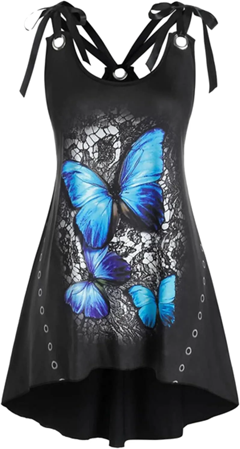 Women Tank Tops Butterfly Print Cold Shoulder Sleeveless Tops Strappy T-Shirt Summer Casual Loose Blouse Blusas