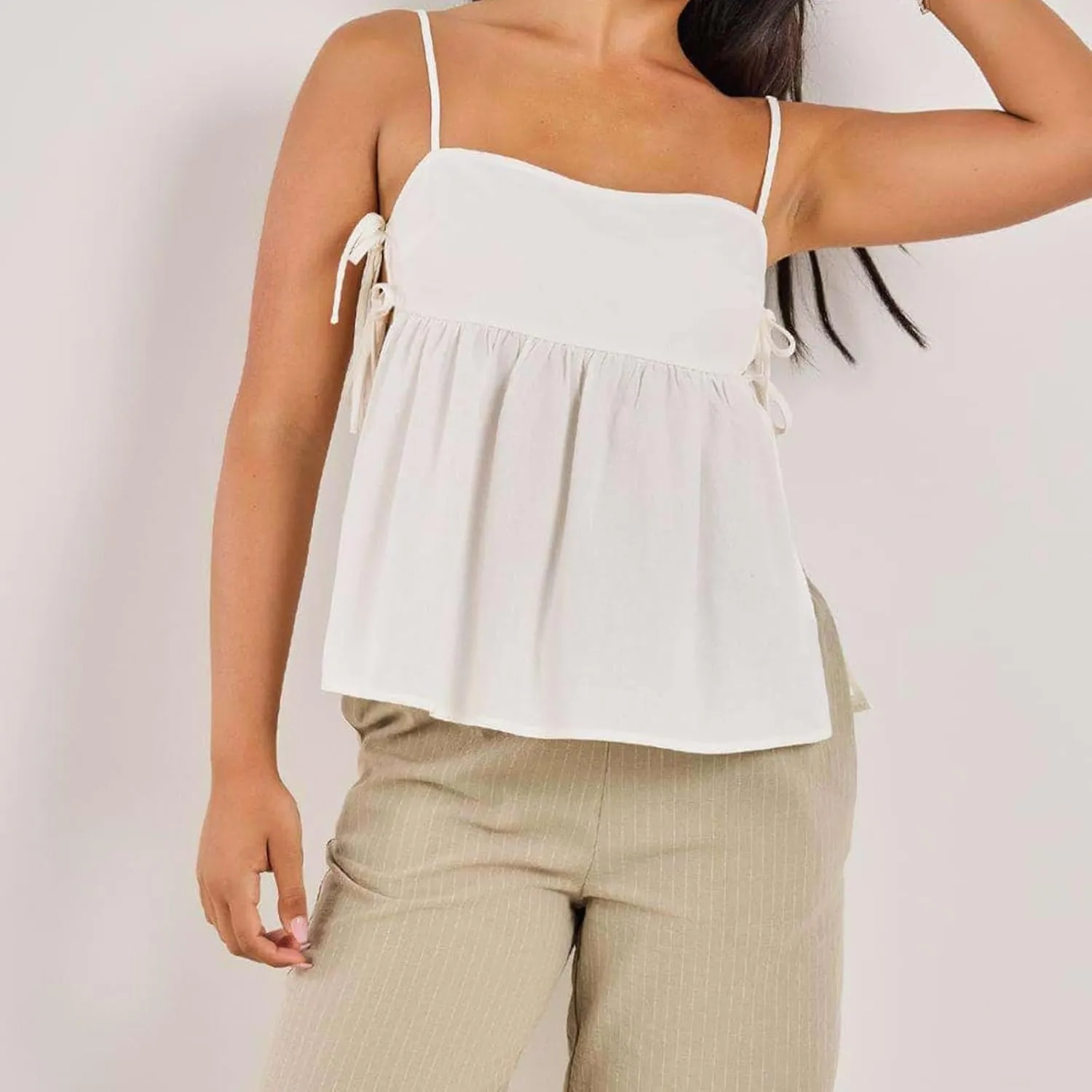 Women Tie Side Spaghetti Straps Tank Top Y2k Sleeveless Square Neck Lace Up Flowy Vest Going Out Beach Blouse Shirt