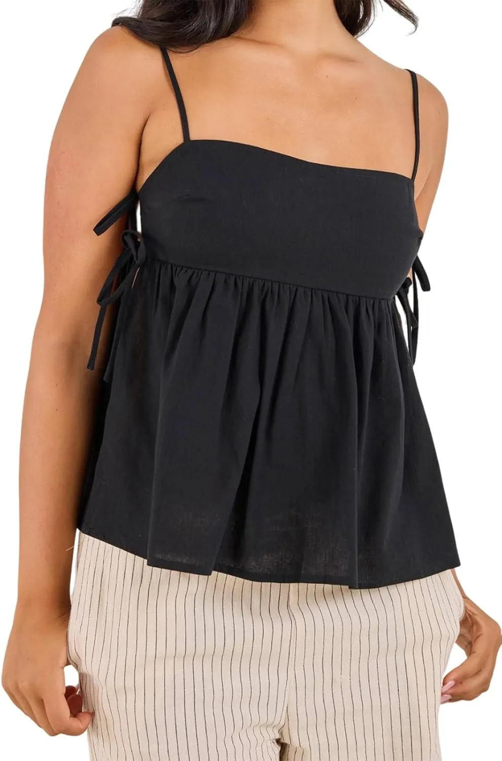 Women Tie Side Spaghetti Straps Tank Top Y2k Sleeveless Square Neck Lace Up Flowy Vest Going Out Beach Blouse Shirt