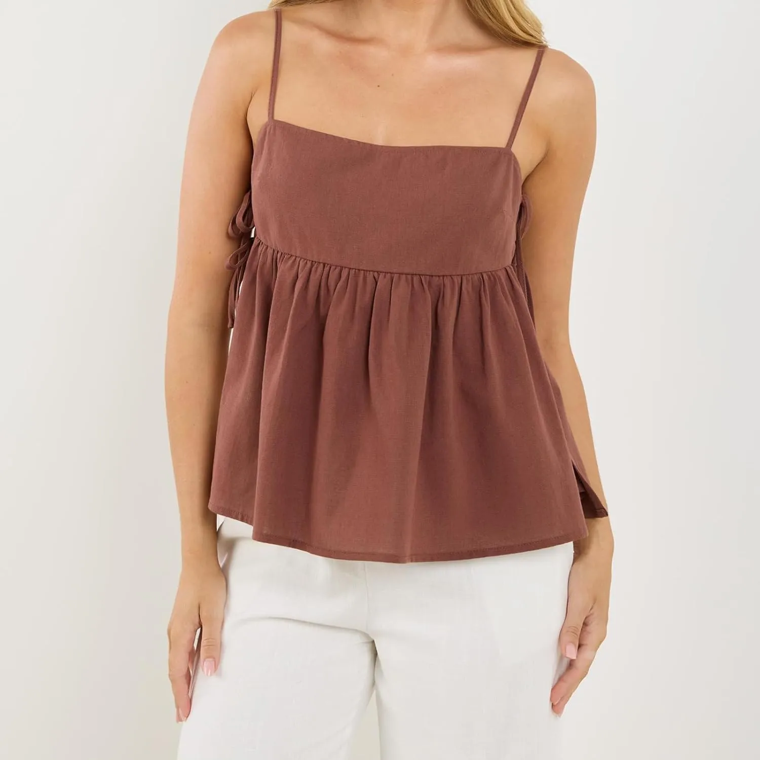 Women Tie Side Spaghetti Straps Tank Top Y2k Sleeveless Square Neck Lace Up Flowy Vest Going Out Beach Blouse Shirt