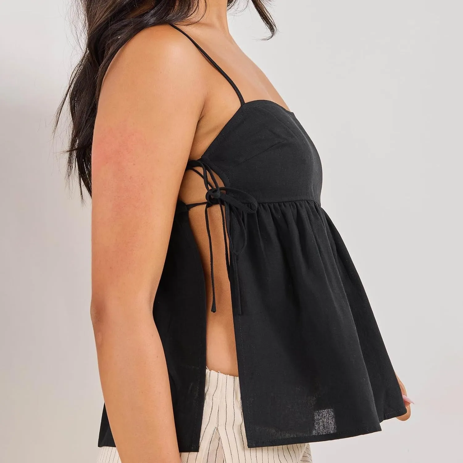 Women Tie Side Spaghetti Straps Tank Top Y2k Sleeveless Square Neck Lace Up Flowy Vest Going Out Beach Blouse Shirt