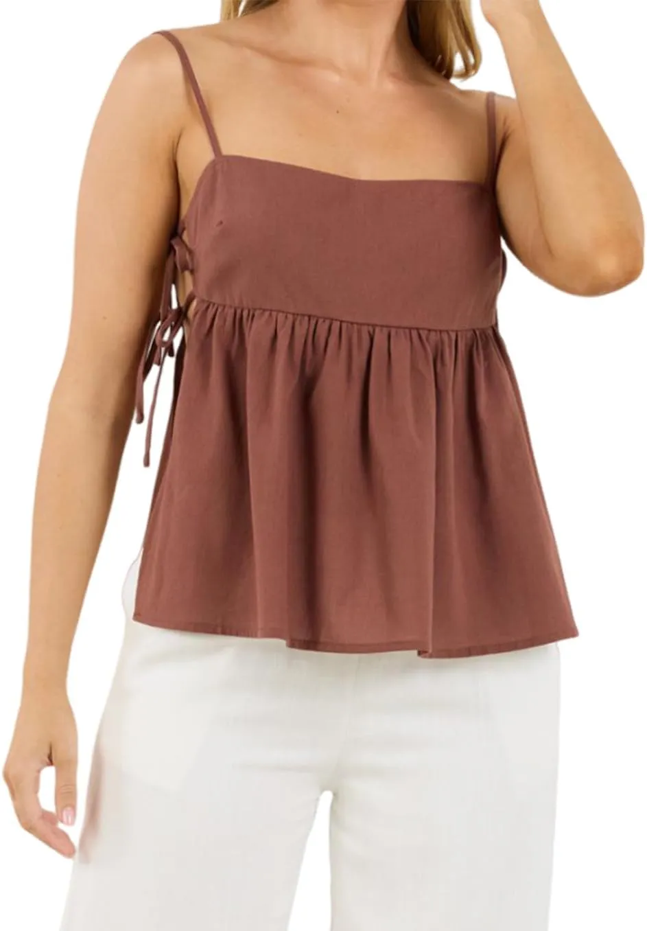 Women Tie Side Spaghetti Straps Tank Top Y2k Sleeveless Square Neck Lace Up Flowy Vest Going Out Beach Blouse Shirt