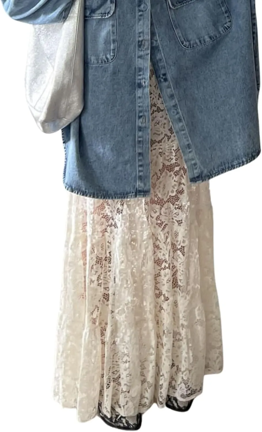Women Tiered Sheer Lace Maxi Skirt Elastic Waist High Rise Flowy A-Line Sexy See Through Long Skirt Clubwear