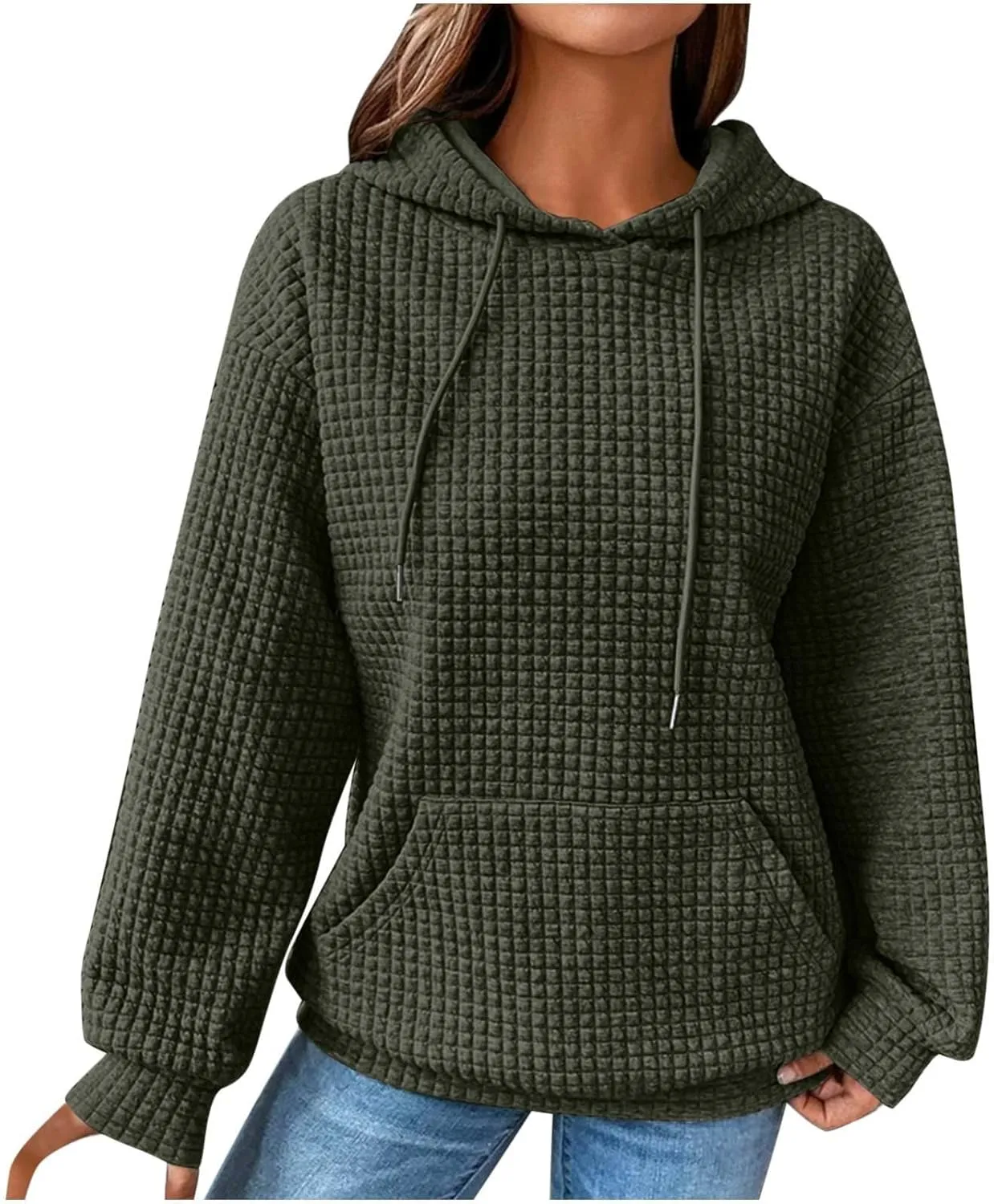 Women Waffle Plaid Knit Y2K Hoodie Drawstring Lightweight Oversized Sweatshirt Comfy Cute Pullover Streetwear Hoodies