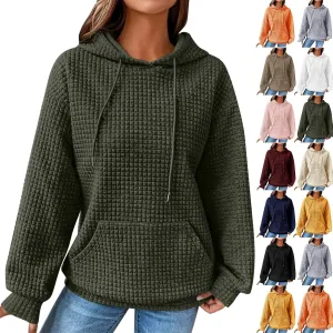Women Waffle Plaid Knit Y2K Hoodie Drawstring Lightweight Oversized Sweatshirt Comfy Cute Pullover Streetwear Hoodies