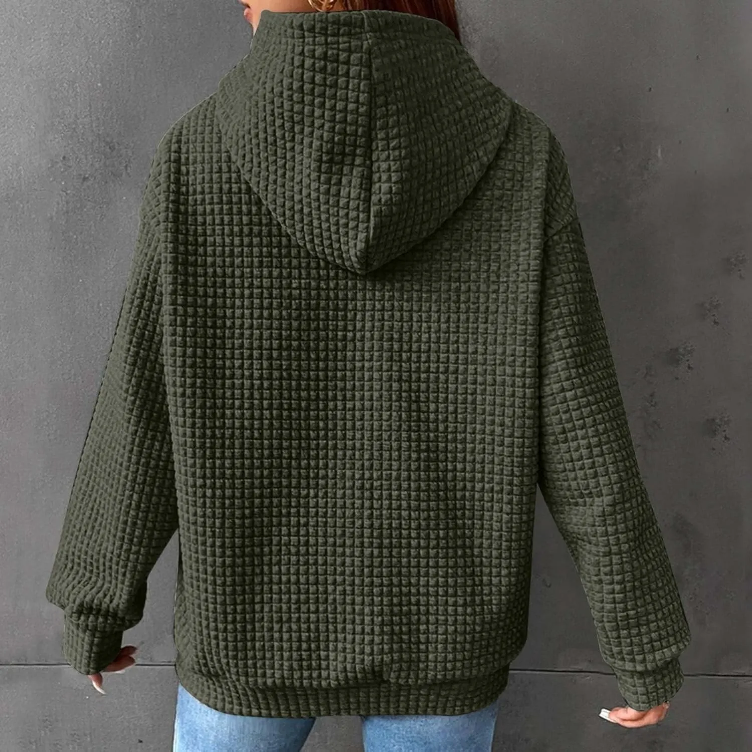 Women Waffle Plaid Knit Y2K Hoodie Drawstring Lightweight Oversized Sweatshirt Comfy Cute Pullover Streetwear Hoodies