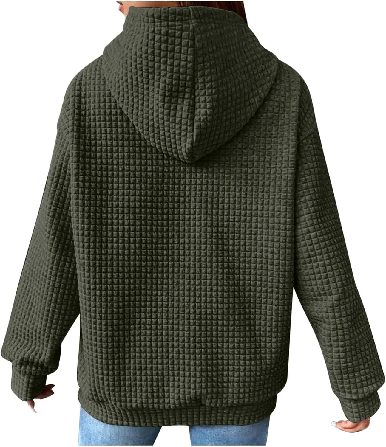 Women Waffle Plaid Knit Y2K Hoodie Drawstring Lightweight Oversized Sweatshirt Comfy Cute Pullover Streetwear Hoodies