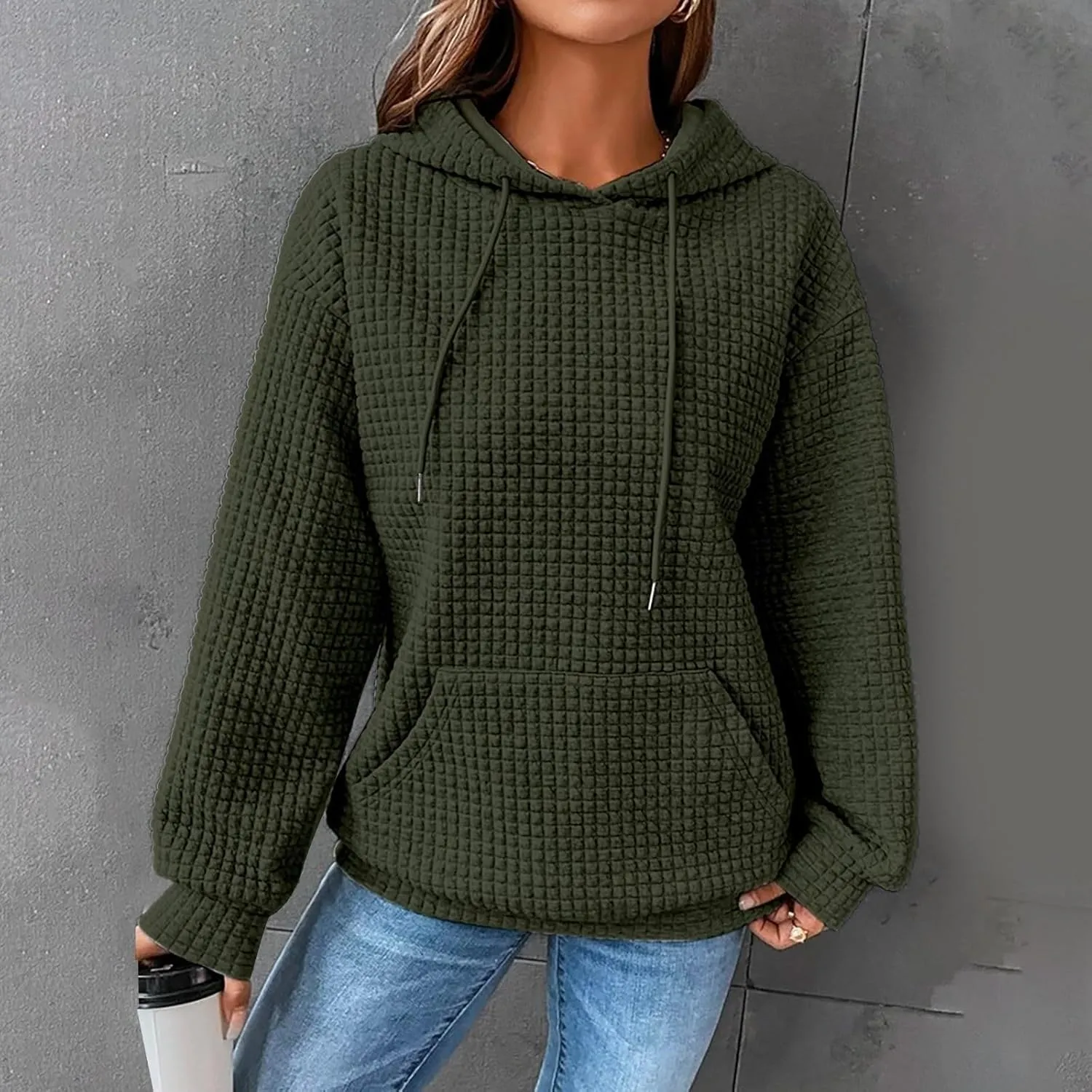Women Waffle Plaid Knit Y2K Hoodie Drawstring Lightweight Oversized Sweatshirt Comfy Cute Pullover Streetwear Hoodies