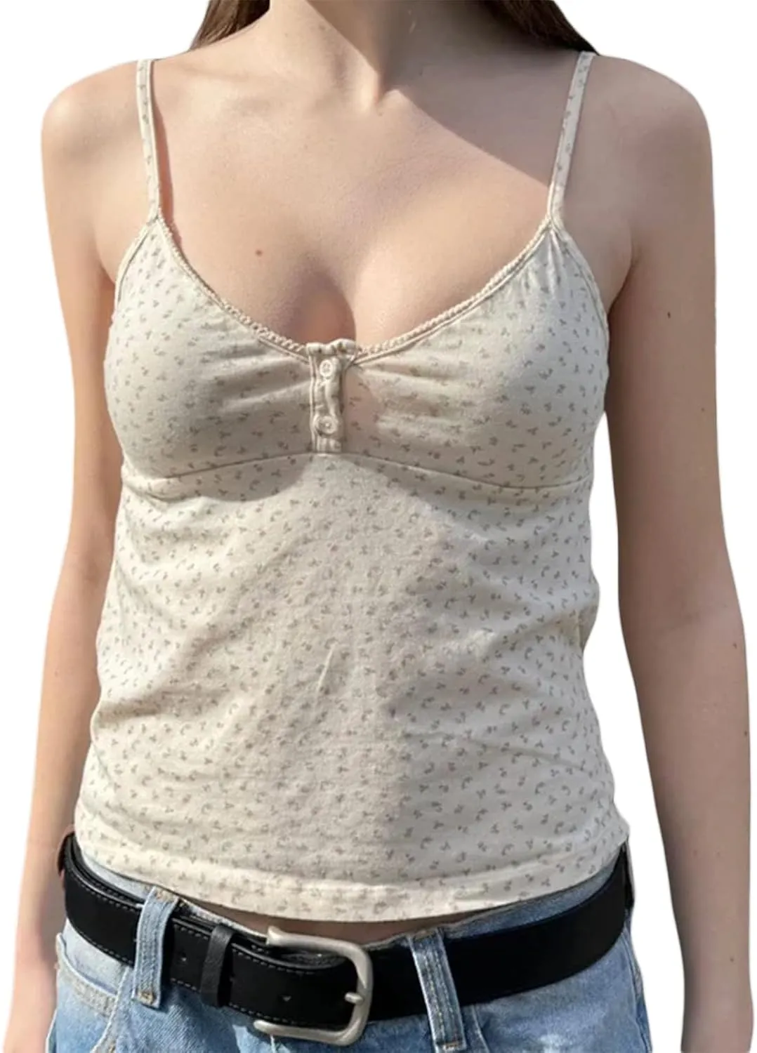 Women Y2K Button Tank Top Spaghetti Strap Lace Trim Camisoles Summer Cute Backless Going Out Cami Undershirt