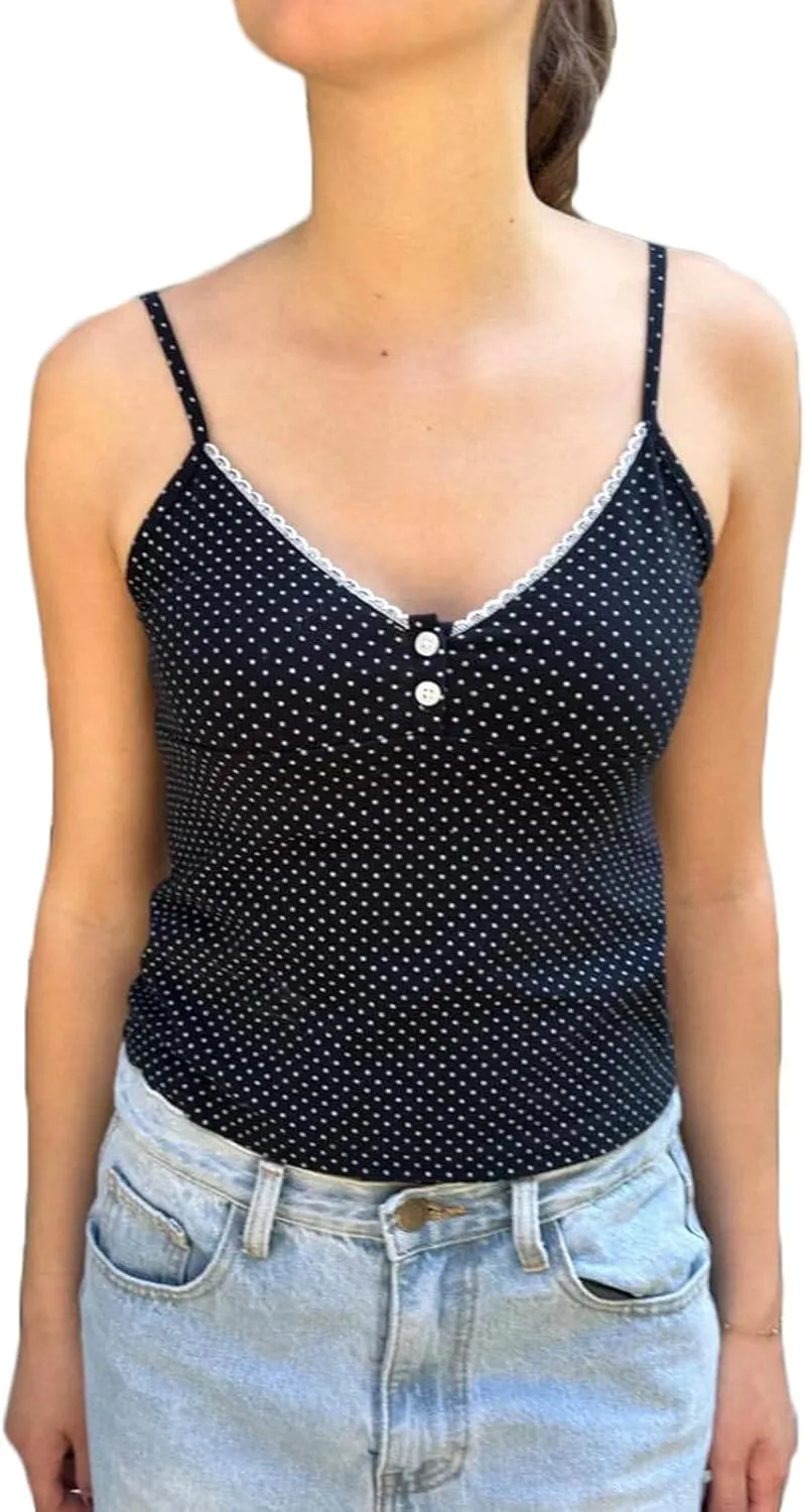 Women Y2K Button Tank Top Spaghetti Strap Lace Trim Camisoles Summer Cute Backless Going Out Cami Undershirt