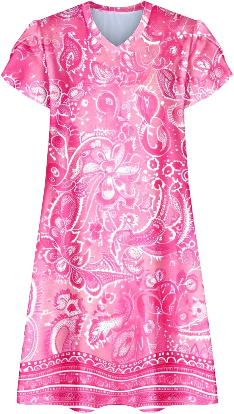 Women's 2025 Summer Casual Floral Boho Dress Flowing Ruffle T Shirt Dress Flowy a-Line Summer Outing V Midi Dresses