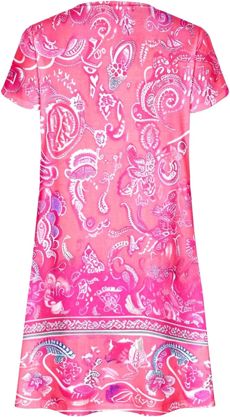 Women's 2025 Summer Casual Floral Boho Dress Flowing Ruffle T Shirt Dress Flowy a-Line Summer Outing V Midi Dresses