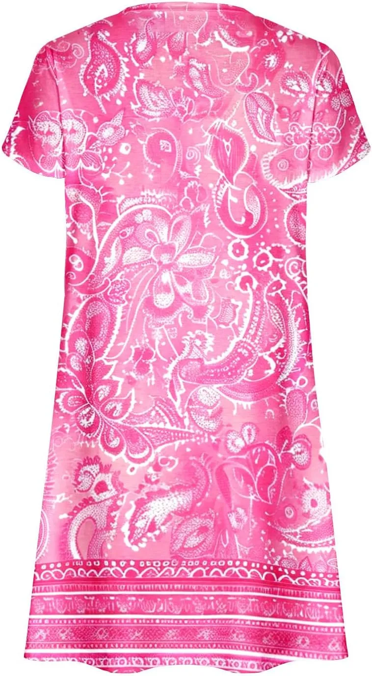 Women's 2025 Summer Casual Floral Boho Dress Flowing Ruffle T Shirt Dress Flowy a-Line Summer Outing V Midi Dresses