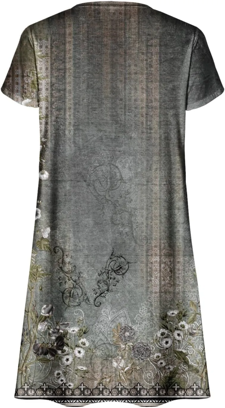 Women's 2025 Summer Casual Floral Boho Dress Flowing Ruffle T Shirt Dress Flowy a-Line Summer Outing V Midi Dresses