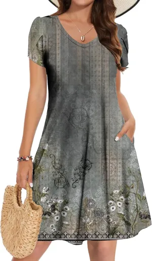 Women's 2025 Summer Casual Floral Boho Dress Flowing Ruffle T Shirt Dress Flowy a-Line Summer Outing V Midi Dresses
