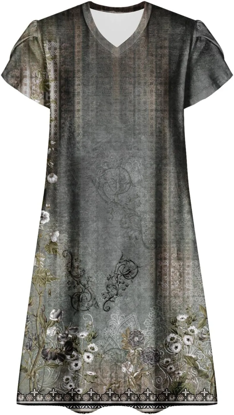 Women's 2025 Summer Casual Floral Boho Dress Flowing Ruffle T Shirt Dress Flowy a-Line Summer Outing V Midi Dresses