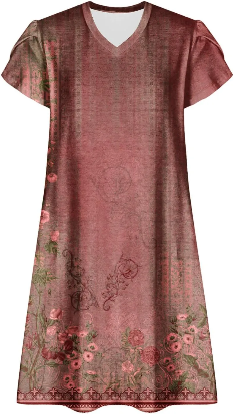 Women's 2025 Summer Casual Floral Boho Dress Flowing Ruffle T Shirt Dress Flowy a-Line Summer Outing V Midi Dresses