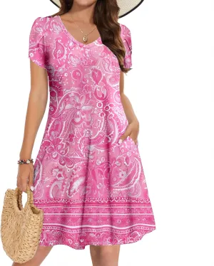 Women's 2025 Summer Casual Floral Boho Dress Flowing Ruffle T Shirt Dress Flowy a-Line Summer Outing V Midi Dresses