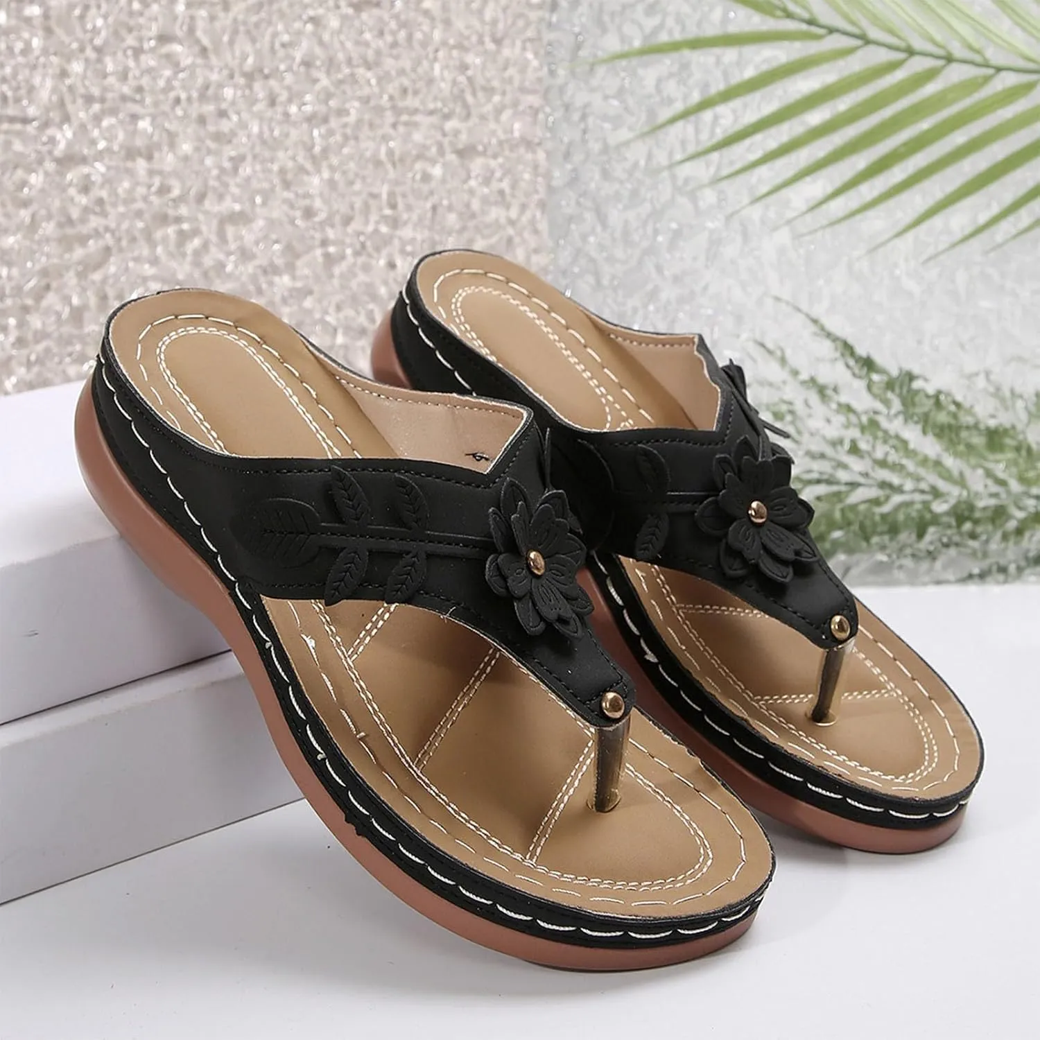Womens Arch Support Flip Flop Sandals Casual Dressy Slip On Thong Sandals Cute Flower Open Toe Wedge Walking Slides