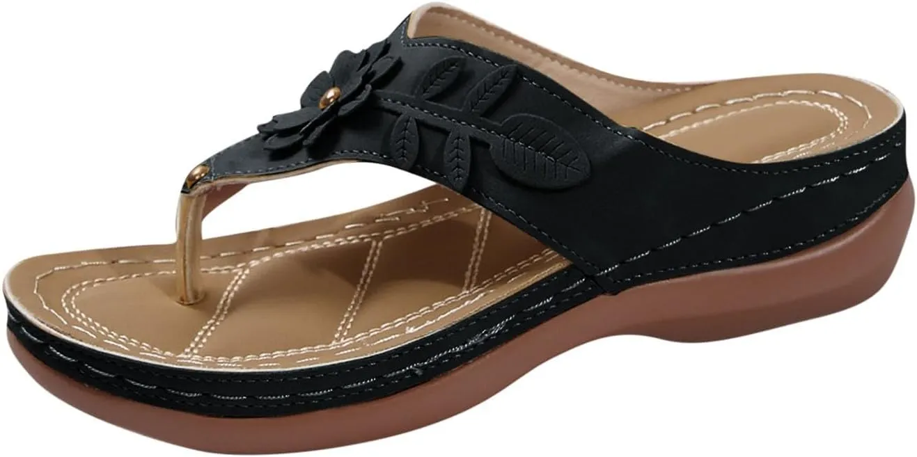 Womens Arch Support Flip Flop Sandals Casual Dressy Slip On Thong Sandals Cute Flower Open Toe Wedge Walking Slides