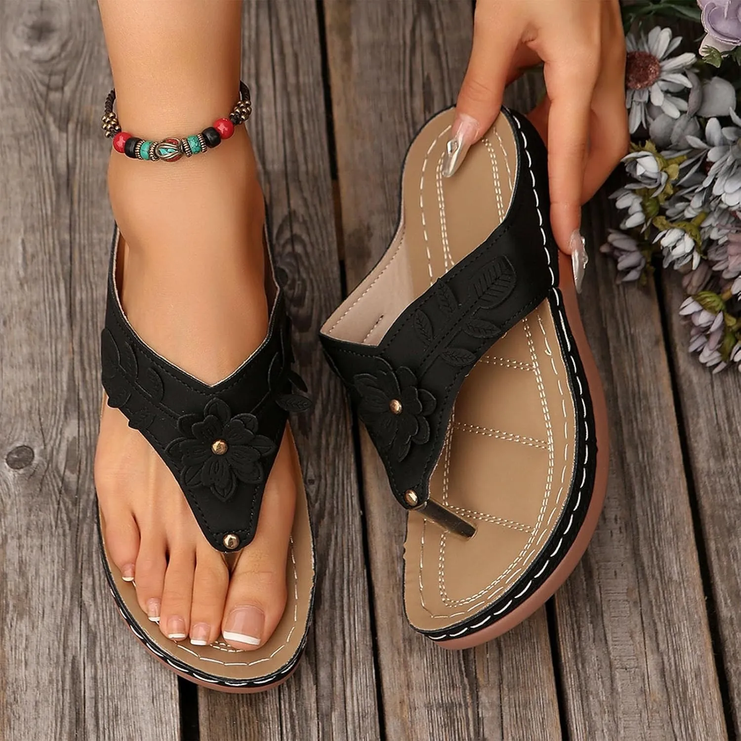 Womens Arch Support Flip Flop Sandals Casual Dressy Slip On Thong Sandals Cute Flower Open Toe Wedge Walking Slides