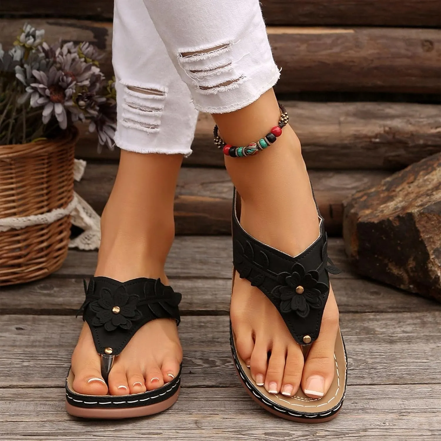 Womens Arch Support Flip Flop Sandals Casual Dressy Slip On Thong Sandals Cute Flower Open Toe Wedge Walking Slides