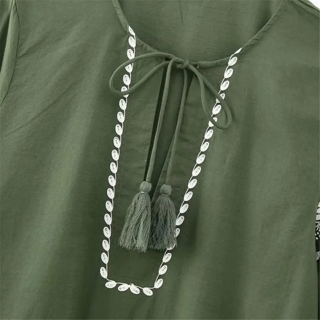 Women's Beading Embroidered Tiered Ruffle Mini Dress Elegant Female Lantern Sleeve Loose Dresses
