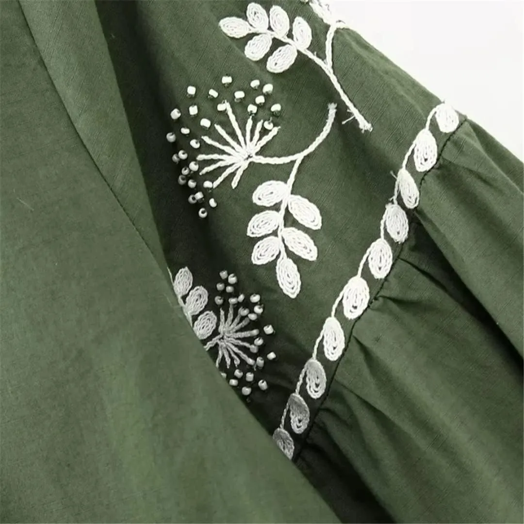 Women's Beading Embroidered Tiered Ruffle Mini Dress Elegant Female Lantern Sleeve Loose Dresses